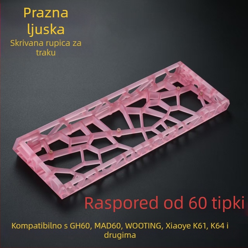 GH60-kompatibilno kućište tipkovnice, 60-tipki mehanički raspored, prozirno mat PC materijal, standardne pozicije rupa