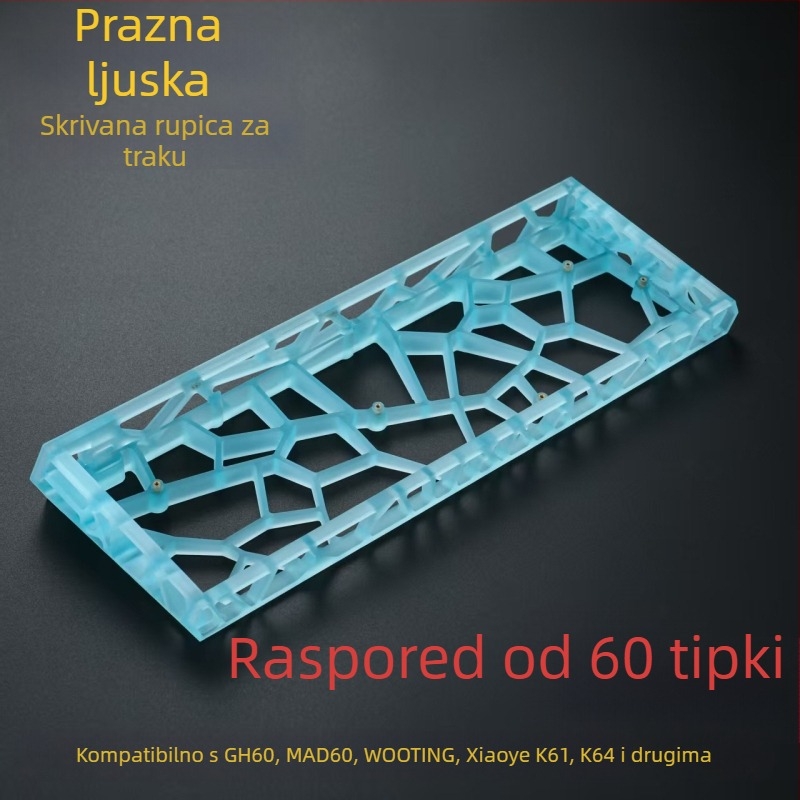 GH60-kompatibilno kućište tipkovnice, 60-tipki mehanički raspored, prozirno mat PC materijal, standardne pozicije rupa