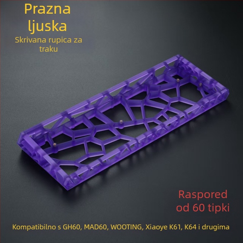 GH60-kompatibilno kućište tipkovnice, 60-tipki mehanički raspored, prozirno mat PC materijal, standardne pozicije rupa