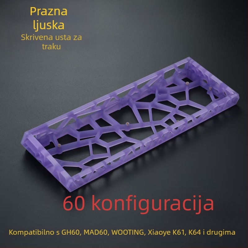 GH60-kompatibilno kućište tipkovnice, 60-tipki mehanički raspored, prozirno mat PC materijal, standardne pozicije rupa