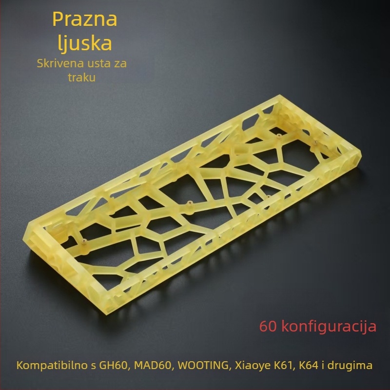 GH60-kompatibilno kućište tipkovnice, 60-tipki mehanički raspored, prozirno mat PC materijal, standardne pozicije rupa