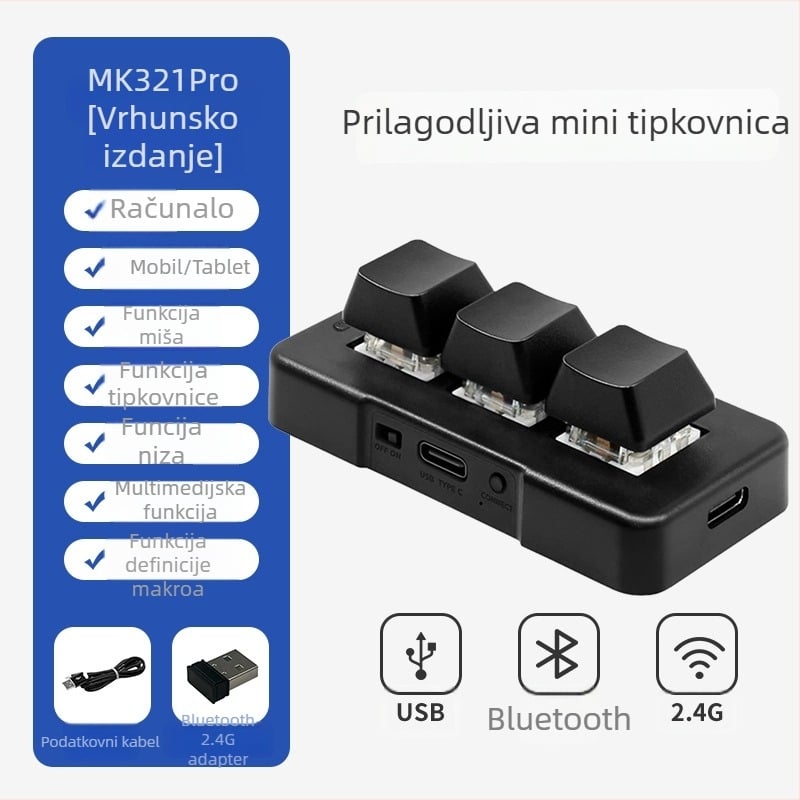 3-tipkovna mini Bluetooth mehanička tipkovnica s RGB pozadinskim osvjetljenjem, zelena osovina i tri načina povezivanja