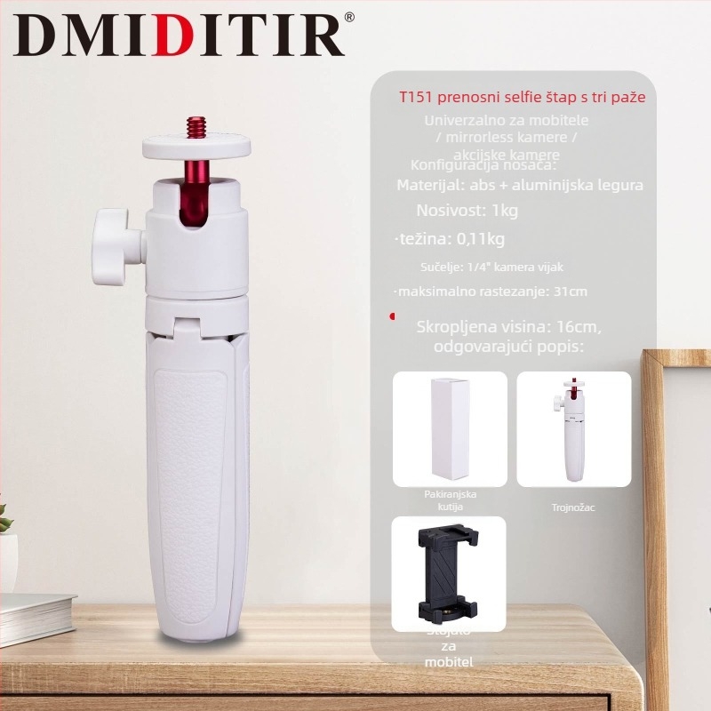T151 Prijenosni stativ za telefon, univerzalan za mirrorless i akcijske kamere — Kuglasta glava, aluminijska legura, nosivost 1 kg, težina 110 g
