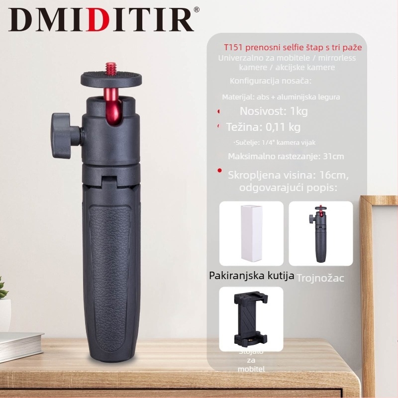 T151 Prijenosni stativ za telefon, univerzalan za mirrorless i akcijske kamere — Kuglasta glava, aluminijska legura, nosivost 1 kg, težina 110 g