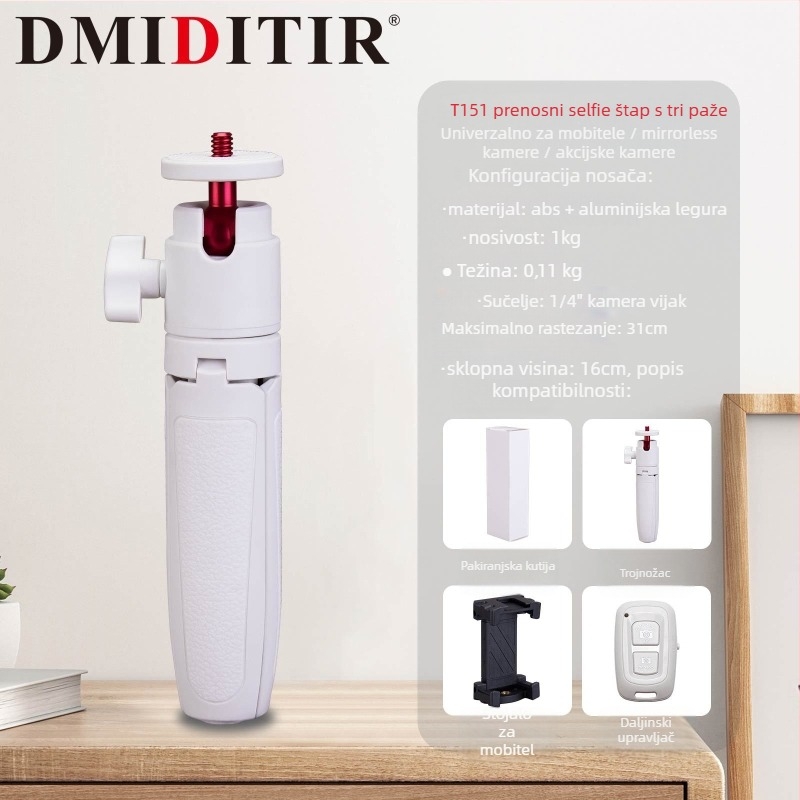 T151 Prijenosni stativ za telefon, univerzalan za mirrorless i akcijske kamere — Kuglasta glava, aluminijska legura, nosivost 1 kg, težina 110 g