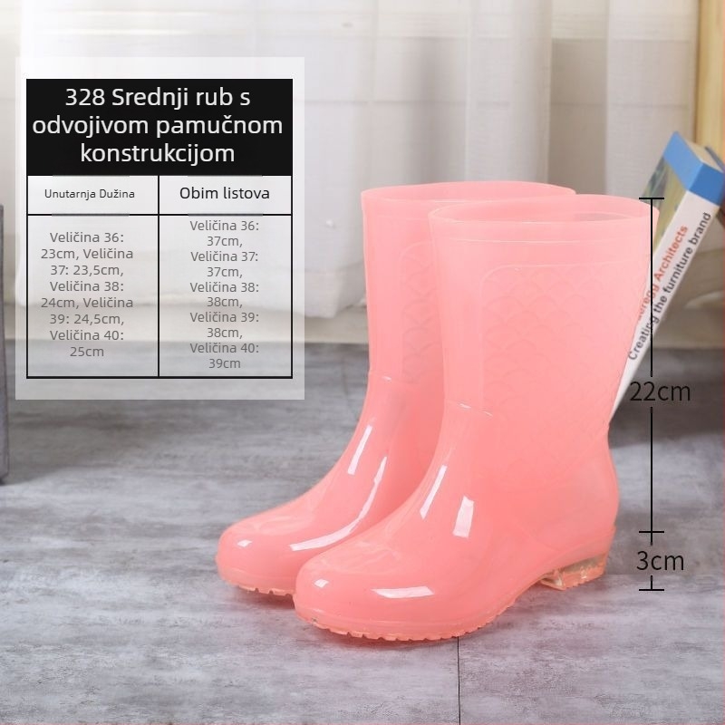 Ženske kišne čizme do srednje visine s plastičnim gornjim dijelom, vodootporne, s pliš unutrašnjošću i kristalnom sole