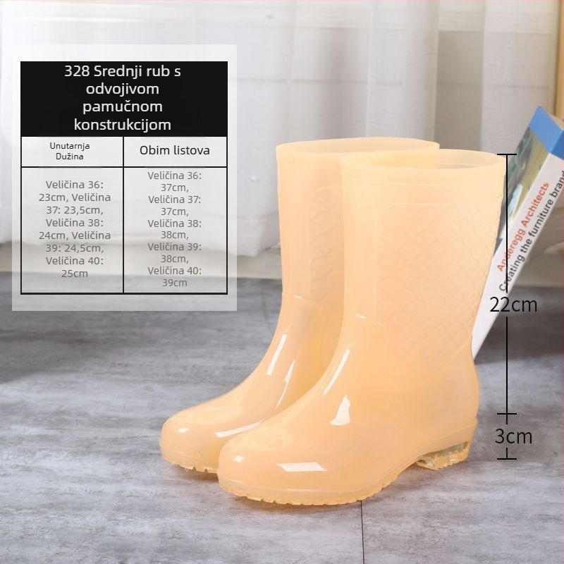 Ženske kišne čizme do srednje visine s plastičnim gornjim dijelom, vodootporne, s pliš unutrašnjošću i kristalnom sole