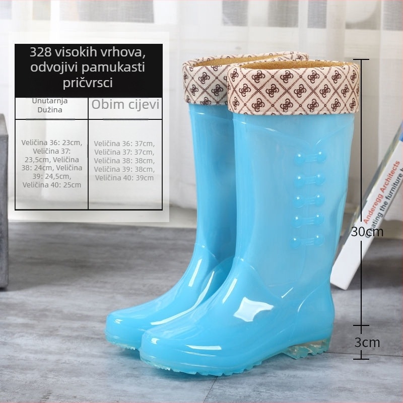 Ženske kišne čizme do srednje visine s plastičnim gornjim dijelom, vodootporne, s pliš unutrašnjošću i kristalnom sole