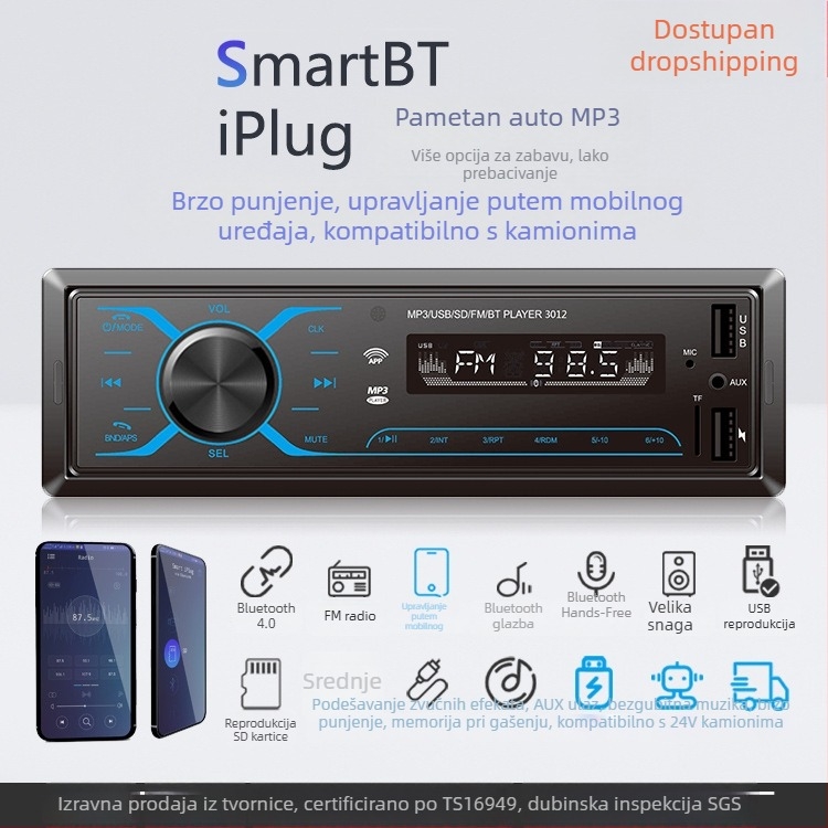 Semaitu automobil MP3 player Bluetooth, USB/SD čitač, model 520, ABS kućište, napajanje 12V/24V