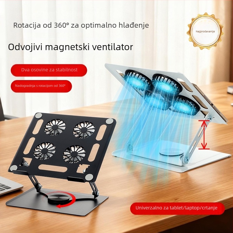 Stalak za laptop – čelični rotirajući stalak, podesiva visina, hlađenje, prijenosno, univerzalni model 906 (kabel 40 cm, težina 1,3 kg)