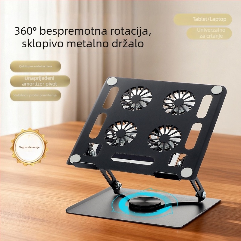 Stalak za laptop – čelični rotirajući stalak, podesiva visina, hlađenje, prijenosno, univerzalni model 906 (kabel 40 cm, težina 1,3 kg)