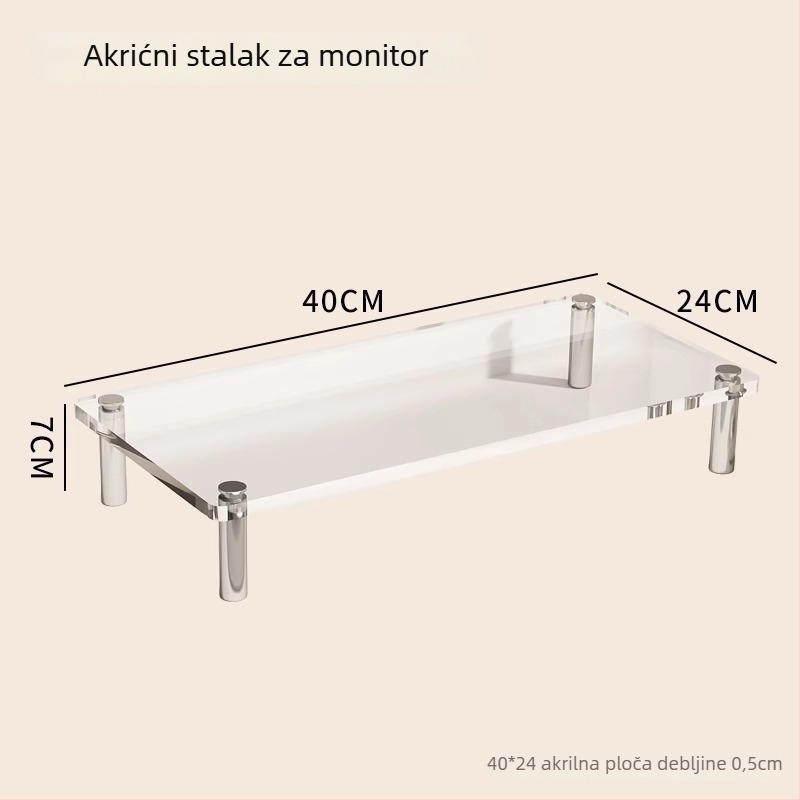Akrilni stolni držač monitora s podignutim skladišnim prostorom – moderni minimalistički dizajn, montaža na stol, 1 razina, višestruka namjena