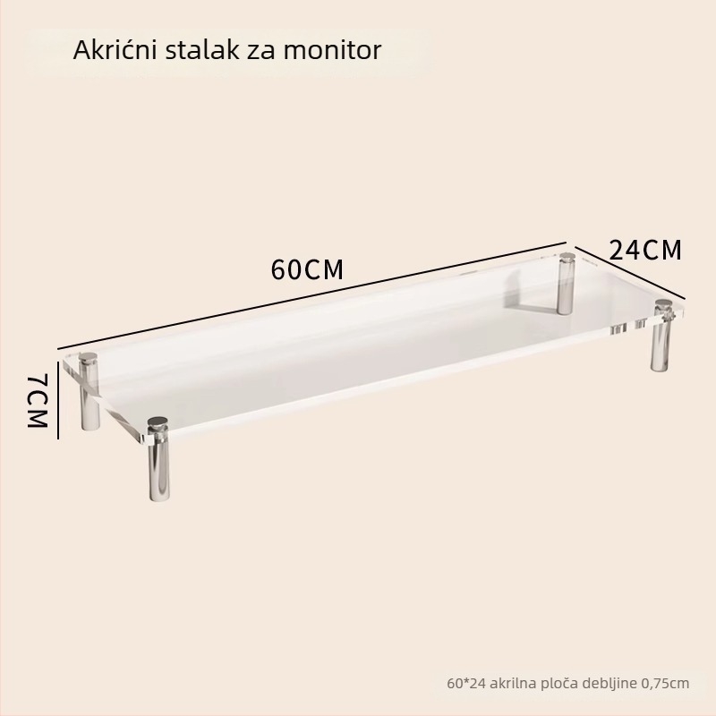 Akrilni stolni držač monitora s podignutim skladišnim prostorom – moderni minimalistički dizajn, montaža na stol, 1 razina, višestruka namjena