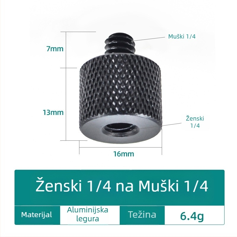 Vijak za kameru, konverzijski 1/4, aluminijska legura, nosivost 2–5 kg, masa 0,0084 kg