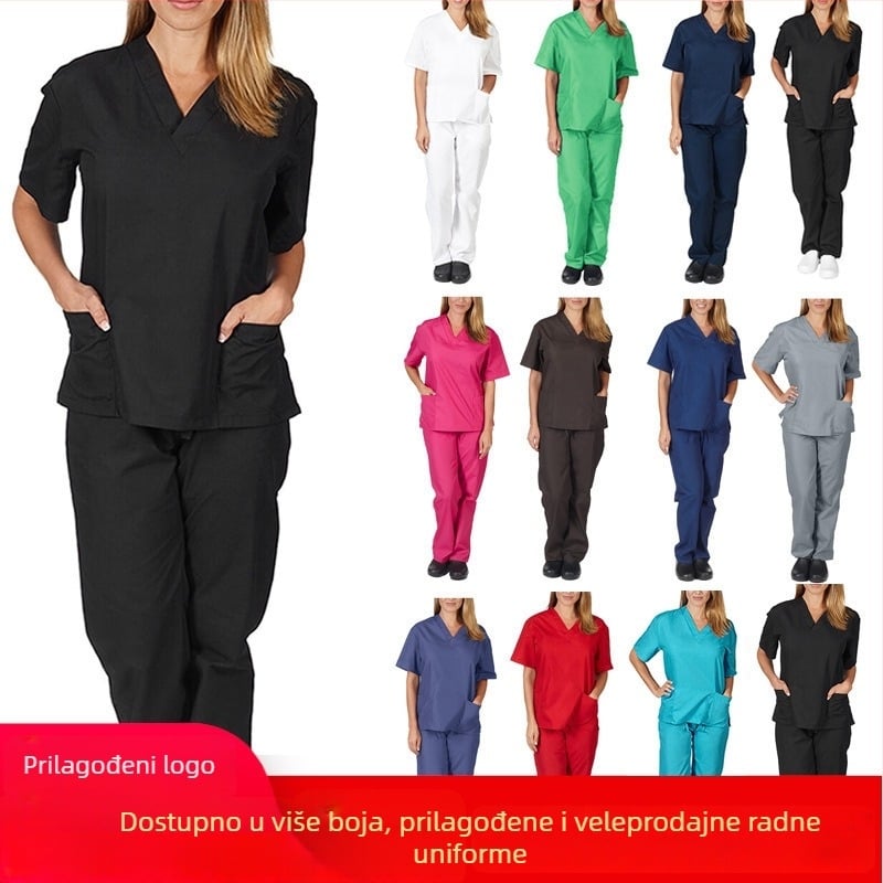 Medicinska radna uniforma s V-izrezom i džepovima, kratkih rukava, hlače, materijal koji upija vlagu (poliestersko-spandeks), ljetna verzija
