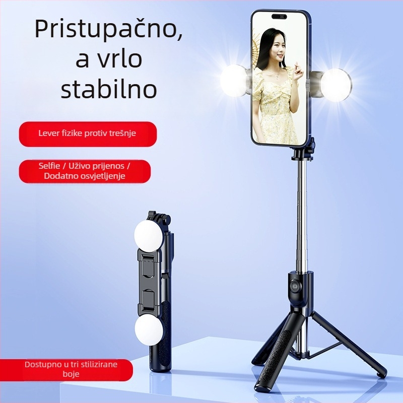 Selfie štap Z115 s trojnožnim stativom, 1,2 m produženje, Bluetooth daljinski upravljač, LED rasvjeta, EIS potporka