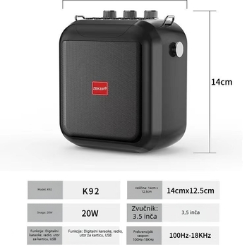 Zhike K92 prijenosni Bluetooth karaoke zvučnik, 15 W, Bluetooth 5.0, ugrađena baterija 4000–6000 mAh, frekvencijski raspon 100 Hz–20 kHz, SNR ≥70 dB