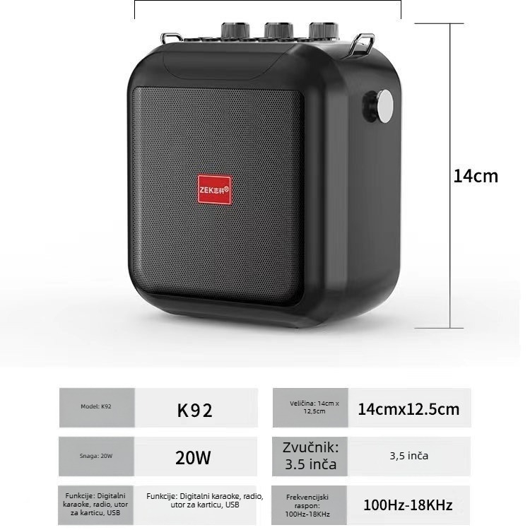 Zhike K92 prijenosni Bluetooth karaoke zvučnik, 15 W, Bluetooth 5.0, ugrađena baterija 4000–6000 mAh, frekvencijski raspon 100 Hz–20 kHz, SNR ≥70 dB