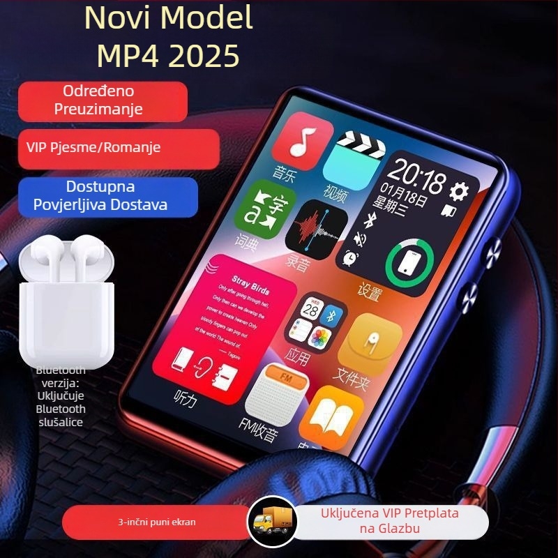 MP4/MP3 glazbeni player s dodirnim zaslonom i Bluetoothom – iznimno tanak, za čitanje romana