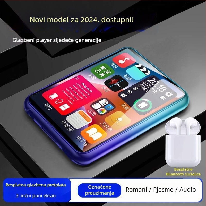 MP4/MP3 glazbeni player s dodirnim zaslonom i Bluetoothom – iznimno tanak, za čitanje romana