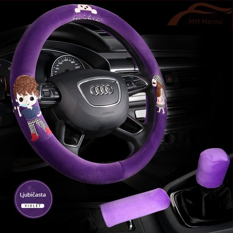 Zimska plišana navlaka za volan automobila s cartoon motivom, univerzalna prilagodba; za volan, navlaka za mjenjač i ručnu kočnicu