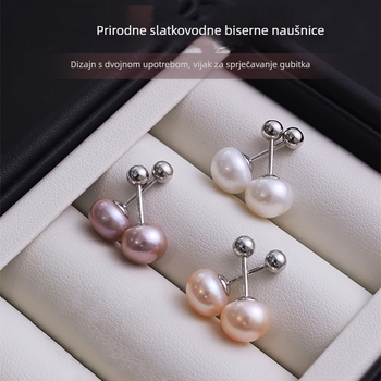 Srebrne naušnice s prirodnim slatkovodnim perlama i vijčanim zatvaračem, minimalistički geometrijski dizajn, S999 čisto srebro