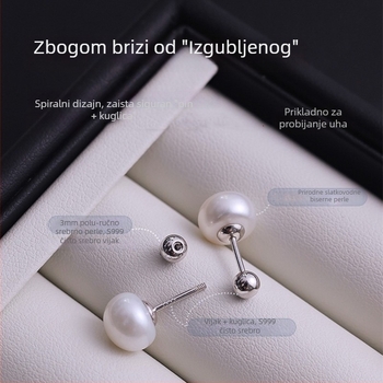 Srebrne naušnice s prirodnim slatkovodnim perlama i vijčanim zatvaračem, minimalistički geometrijski dizajn, S999 čisto srebro