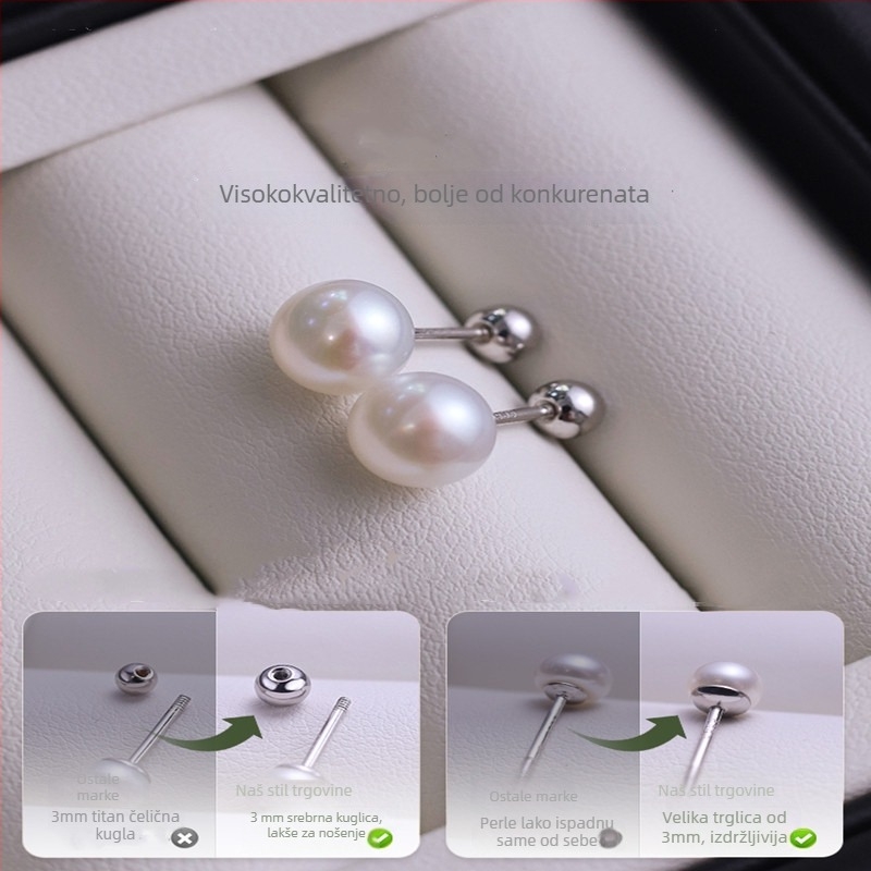 Srebrne naušnice s prirodnim slatkovodnim perlama i vijčanim zatvaračem, minimalistički geometrijski dizajn, S999 čisto srebro