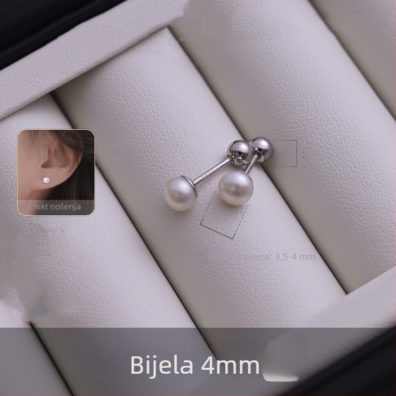 Srebrne naušnice s prirodnim slatkovodnim perlama i vijčanim zatvaračem, minimalistički geometrijski dizajn, S999 čisto srebro