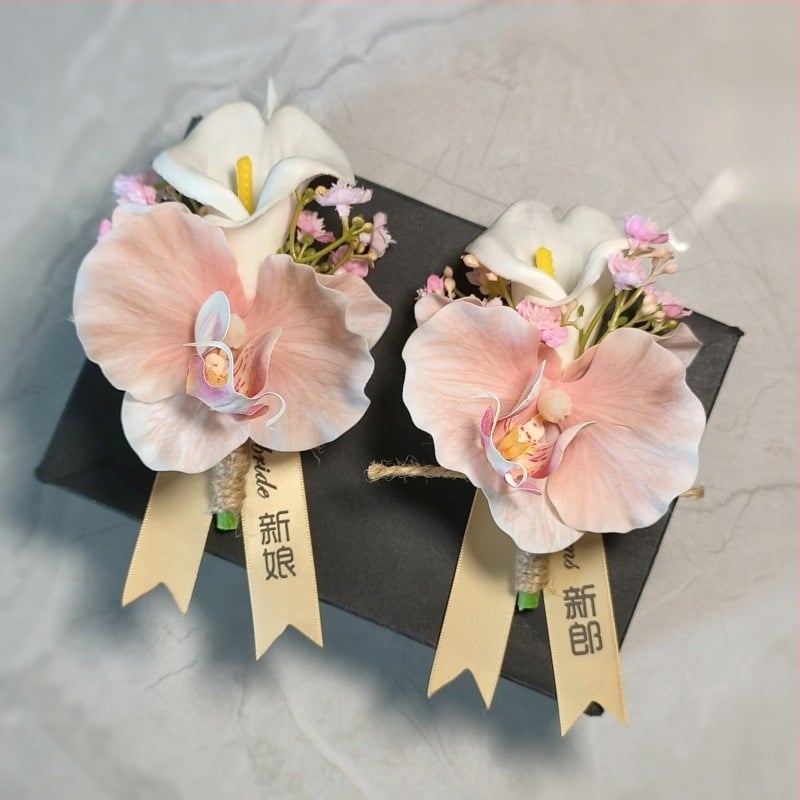 Vjenčani corsage od umjetnih cvjetova: Calla Lily i leptirova orhideja, unisex, corsage za roditelje, kompletan set za obitelj, za poslovne sastanke