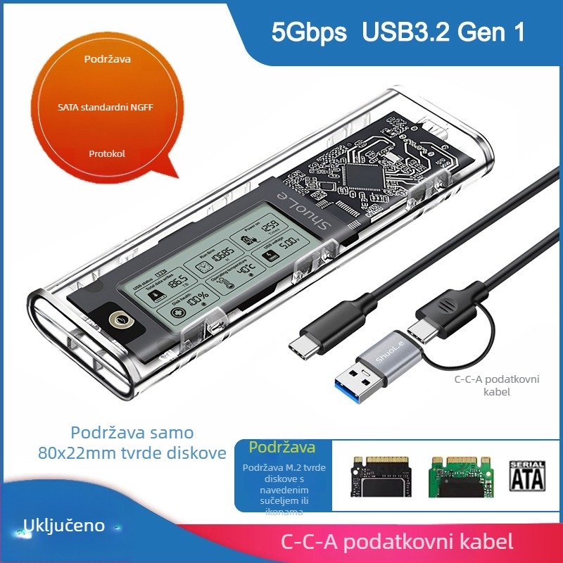 Kućište SSD M.2 NVMe/NGFF s dvostrukom protokolnom podrškom, inteligentni digitalni prikaz stanja diska, USB 3.2 Gen2 Type-C, 10 Gbps, do 4 TB