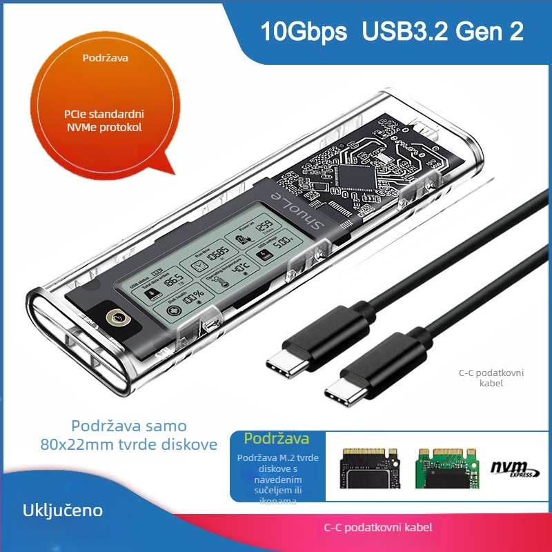 Kućište SSD M.2 NVMe/NGFF s dvostrukom protokolnom podrškom, inteligentni digitalni prikaz stanja diska, USB 3.2 Gen2 Type-C, 10 Gbps, do 4 TB