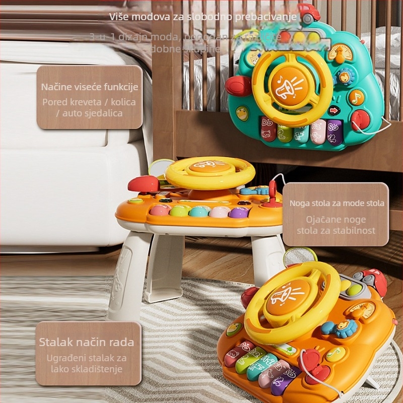 Višefunkcionalni stol s volanom za ranu edukaciju — plastika, baterijsko napajanje, glazba i zvukovi, za djecu 0–3 godine