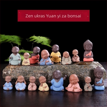 Keramičke figure za bonsai – mini pejzaž, četiri mala monaha, ručno izrađeno, purpurna glina, kineski stil