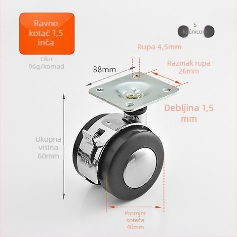 Namještaj koluti s kočnicom, ravna montažna ploča, za ormariće, stolove i namještaj, moderni minimalistički stil, cinkova legura