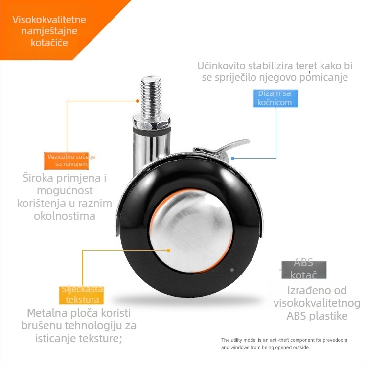 Namještaj koluti s kočnicom, ravna montažna ploča, za ormariće, stolove i namještaj, moderni minimalistički stil, cinkova legura