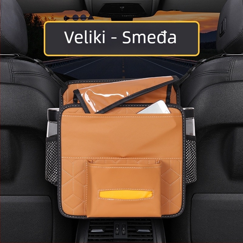 Kožna dvostrana torba za pohranu za srednji dio sjedala, viseći automobil organizator s džepom za dodirni zaslon; vodootporna, otporna na kompresiju, prilagodljiva logotipu