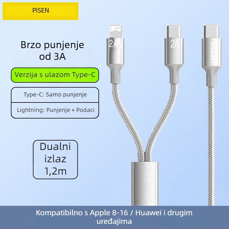 Pisen USB-C 2-u-1 kabel za podatke, brzo punjenje, aluminijska legura, 100W izlaz, Type-C priključak