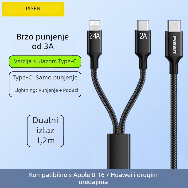 Pisen USB-C 2-u-1 kabel za podatke, brzo punjenje, aluminijska legura, 100W izlaz, Type-C priključak