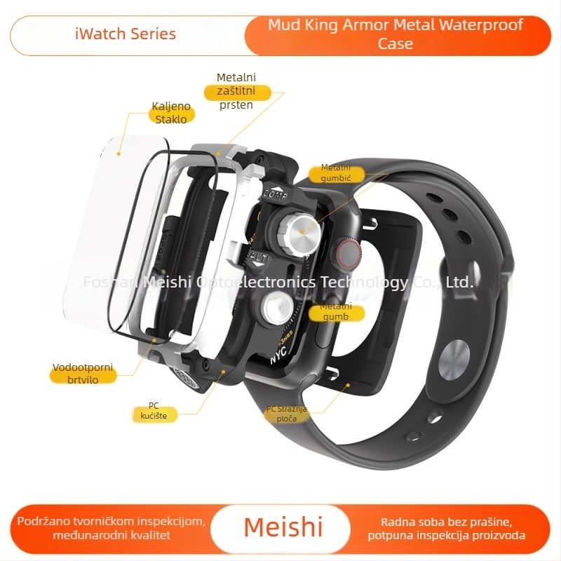 Zaštitna futrola za Apple Watch s kovnim vodootpornim kućištem i integriranim zaštitnim staklom; Kompatibilno s 44/45/46/49 mm; Materijal: PC + kaljeno staklo; Marka: Momeishi; Šifra: SBK-054