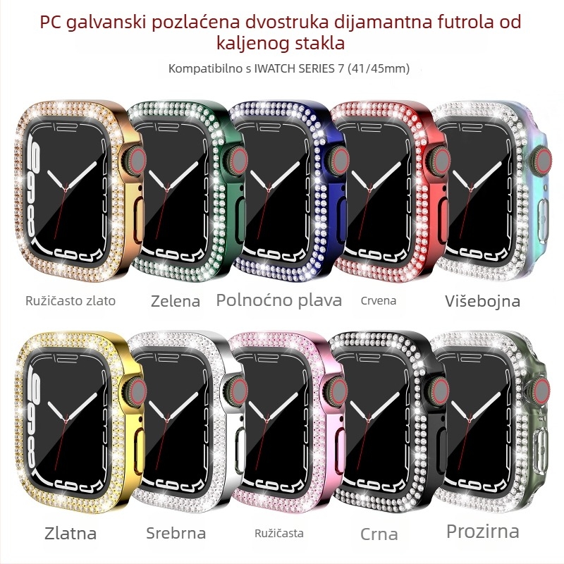 Kućište Apple Watch Series 7/8/9/S10/S11, PC elektroplatirano s dvostrukim redom dijamantnih ukrasa i integriranim zaštitnim filmom