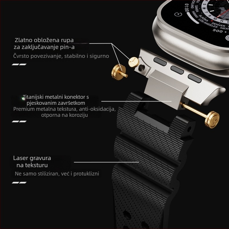 Remen za sat Apple iWatch 11, silikonska sportska narukvica s dvostrukom kopčom i glavom od nehrđajućeg čelika (Materijal: 316L nehrđajući čelik + visoko otporan silikon; Kompatibilnost: Apple iWatch 11; Kopča: dvostruka; Glava: nehrđajući čelik)