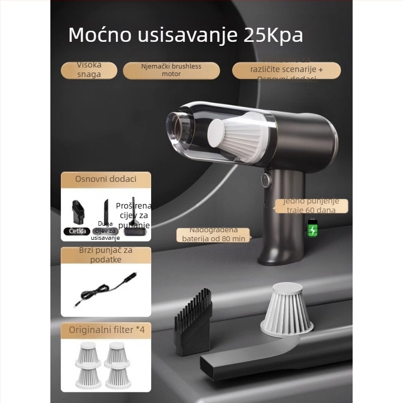 Ručni usisavač za automobil s bežičnim punjenjem, snažan usisni učinak 11000 Pa, kompaktan, 120 W ulazna snaga
