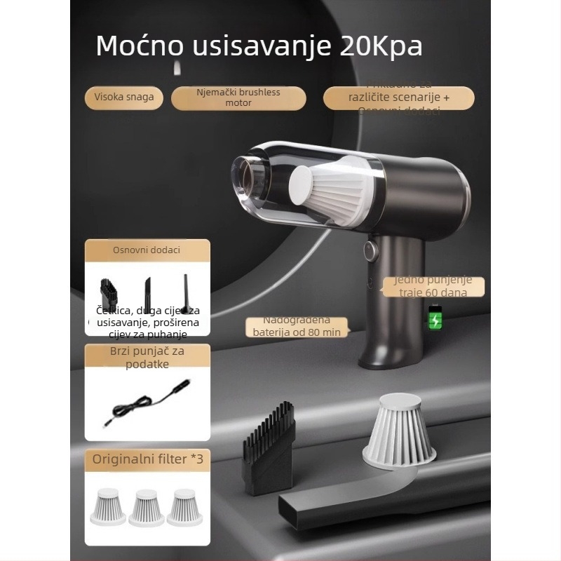 Ručni usisavač za automobil s bežičnim punjenjem, snažan usisni učinak 11000 Pa, kompaktan, 120 W ulazna snaga