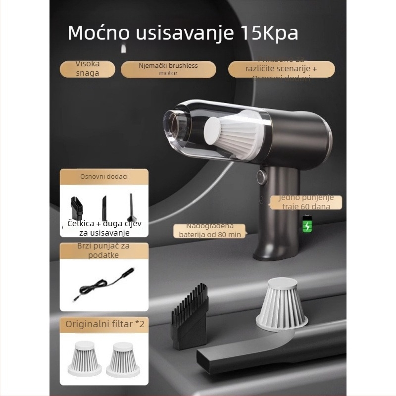 Ručni usisavač za automobil s bežičnim punjenjem, snažan usisni učinak 11000 Pa, kompaktan, 120 W ulazna snaga
