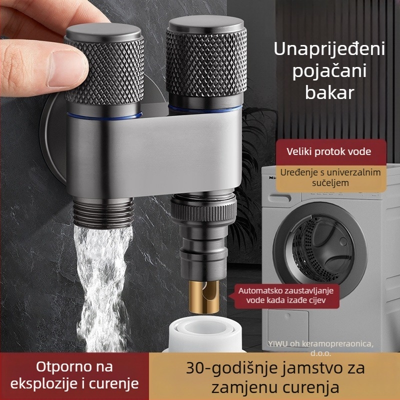 Mesingana slavina za perilicu rublja s keramičnim disk ventilom – spiralno otvaranje, trostruka konstrukcija, brušeni završetak, Watermarks certifikat