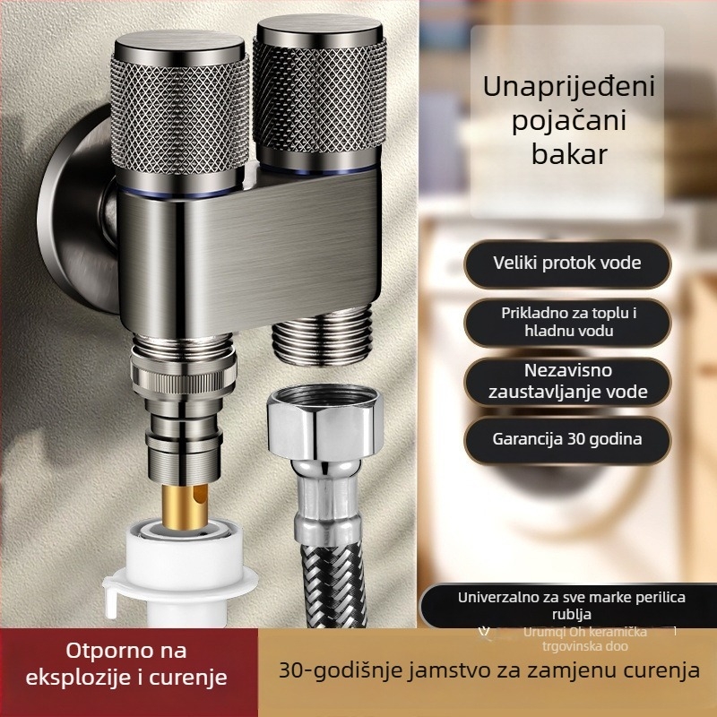 Mesingana slavina za perilicu rublja s keramičnim disk ventilom – spiralno otvaranje, trostruka konstrukcija, brušeni završetak, Watermarks certifikat