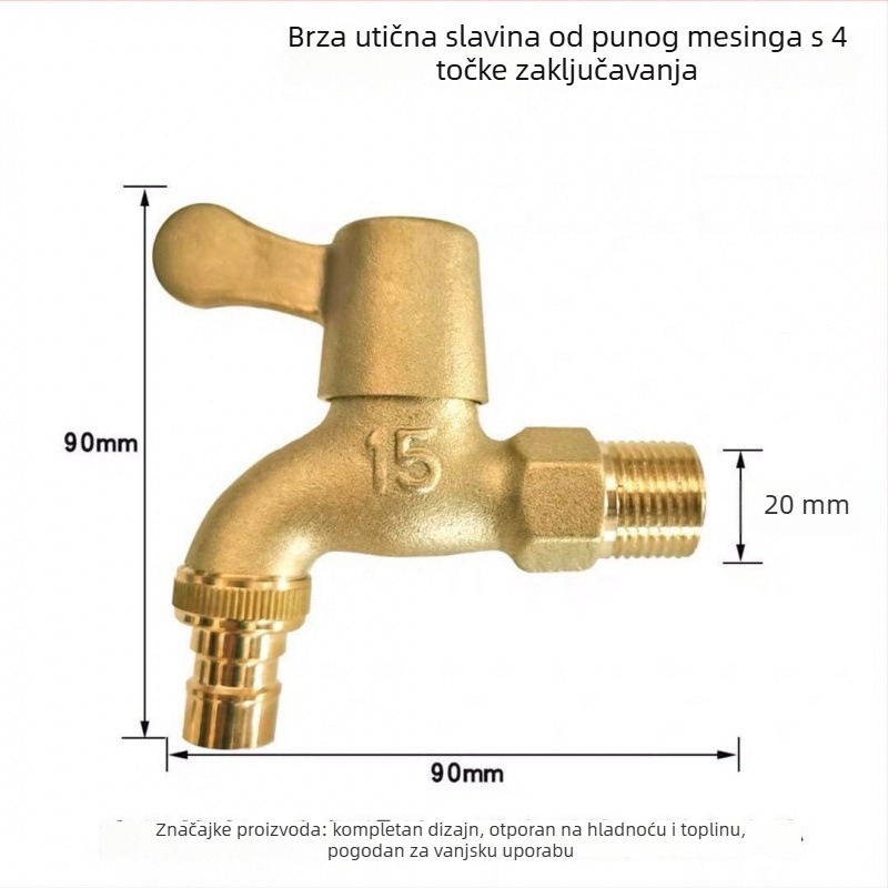 Kran za perilicu rublja od bakra, 1 ulaz, 2 izlaza, vanjski, otporan na smrzavanje i krađu, mat površina, keramički disk ventil, rotacijsko upravljanje, spiralno otvaranje, trostruka konstrukcija