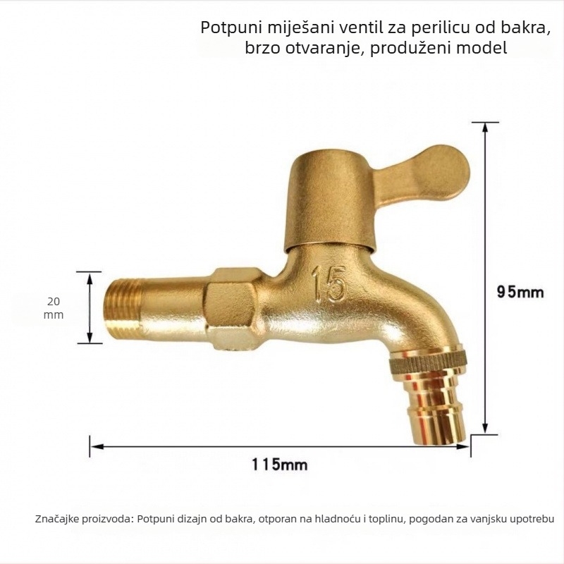 Kran za perilicu rublja od bakra, 1 ulaz, 2 izlaza, vanjski, otporan na smrzavanje i krađu, mat površina, keramički disk ventil, rotacijsko upravljanje, spiralno otvaranje, trostruka konstrukcija