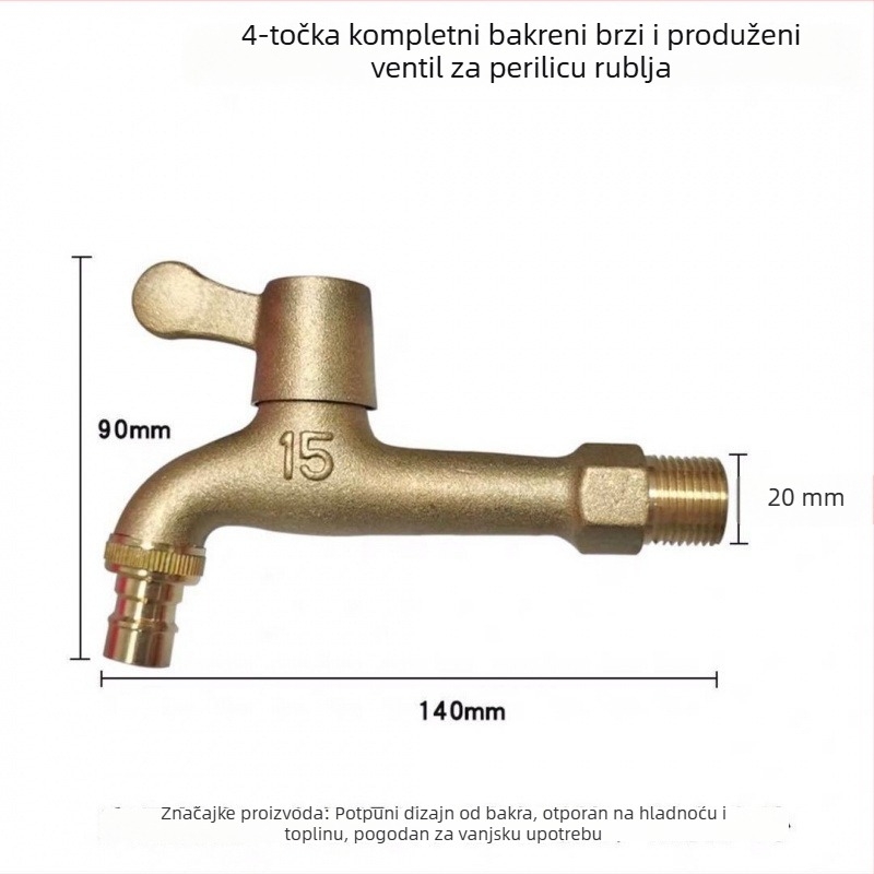 Kran za perilicu rublja od bakra, 1 ulaz, 2 izlaza, vanjski, otporan na smrzavanje i krađu, mat površina, keramički disk ventil, rotacijsko upravljanje, spiralno otvaranje, trostruka konstrukcija